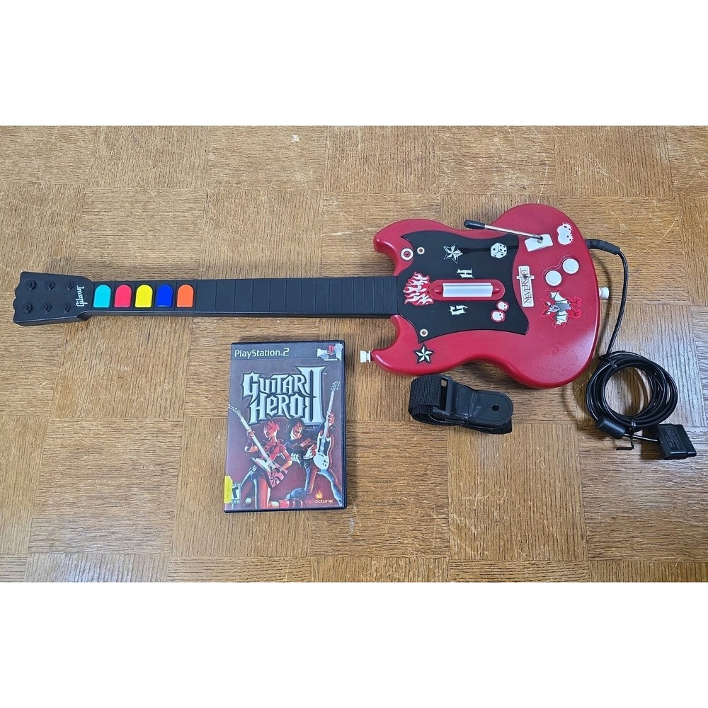 Guitar Hero Gibson SG Controller PlayStation PS2 Wired w/ Strap & Game - Tested